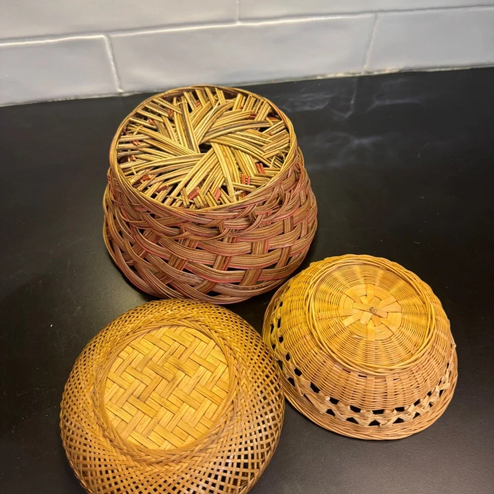 Woven Baskets Home Decor Set of 3 Brown Tan Mixed Weave Boho Rustic